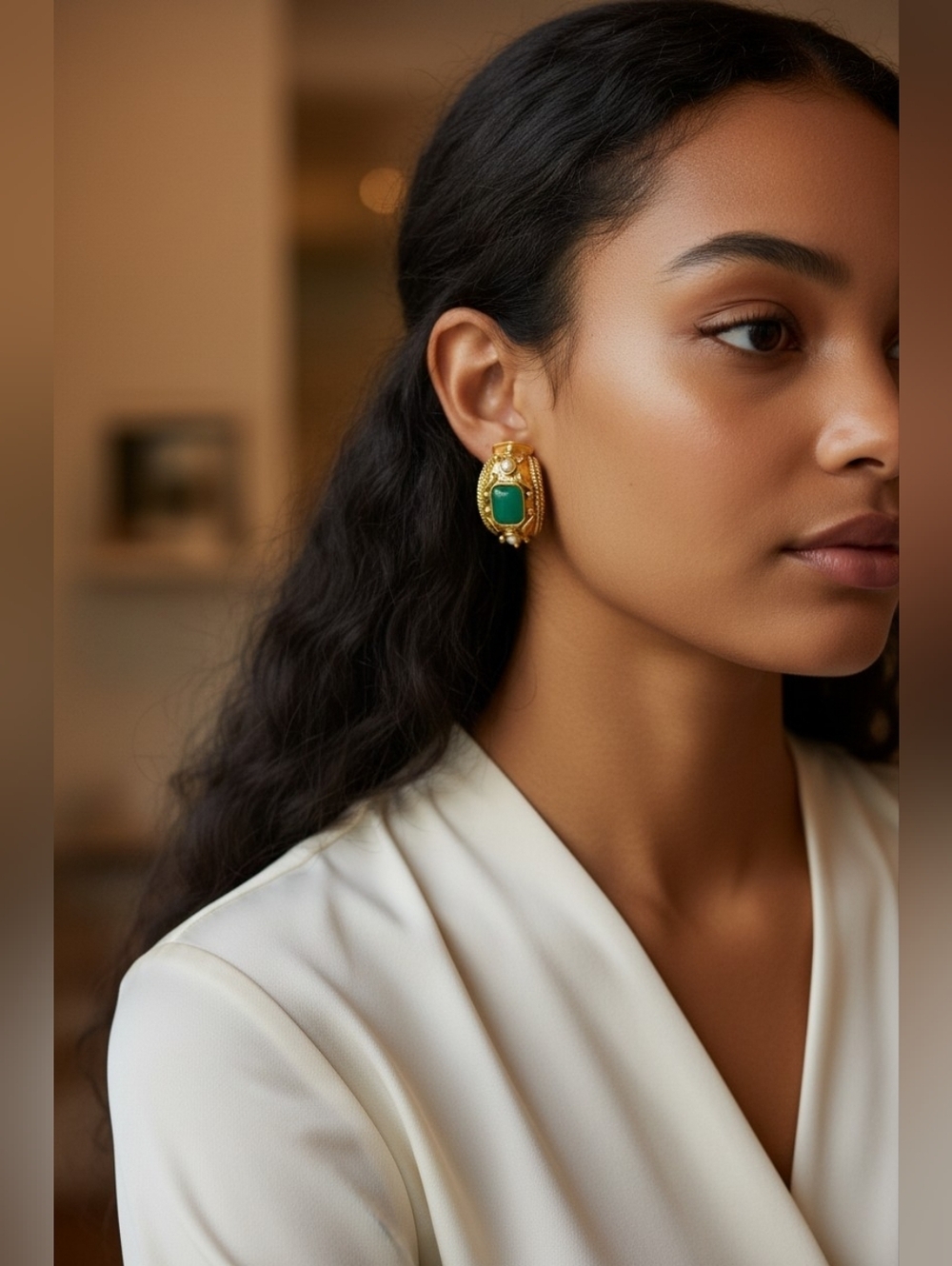 Vintage Vendome Byzantine Clip-On Earrings Gold Green Cabochon Statement Luxe - Picture 4 of 10